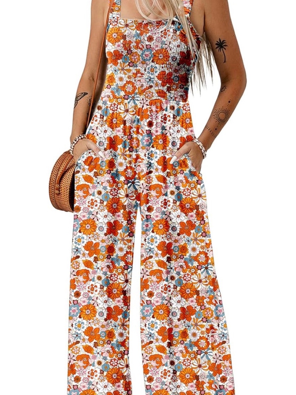 Floral Smocked Wide-Leg Jumpsuit - Orange Floral